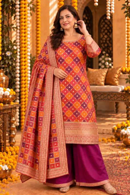 Mrunal Wine Silk Suit With Gold Jacquard Weave