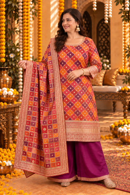 Mrunal Wine Silk Suit With Gold Jacquard Weave