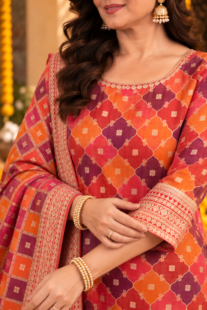 Mrunal Wine Silk Suit With Gold Jacquard Weave