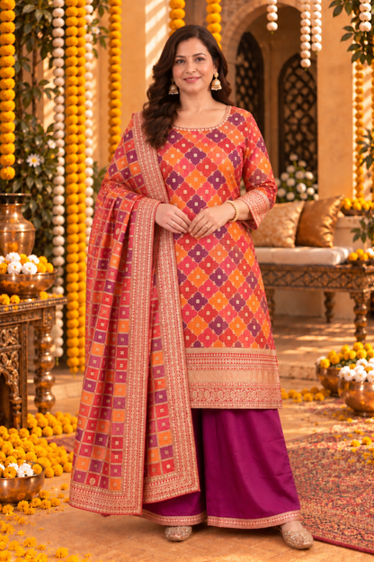 Mrunal Wine Silk Suit With Gold Jacquard Weave