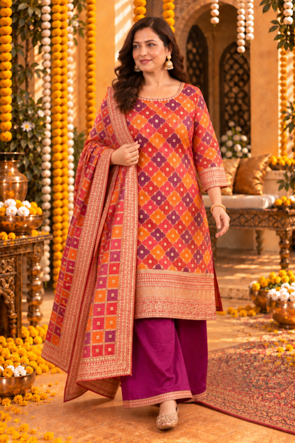 Mrunal Wine Silk Suit With Gold Jacquard Weave