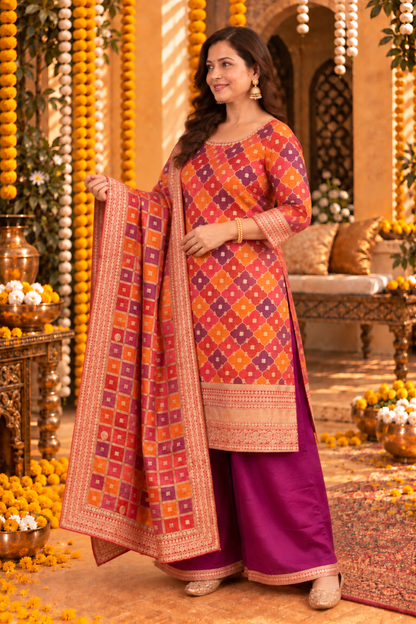 Mrunal Wine Silk Suit With Gold Jacquard Weave