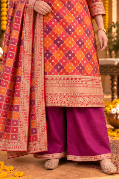 Mrunal Wine Silk Suit With Gold Jacquard Weave