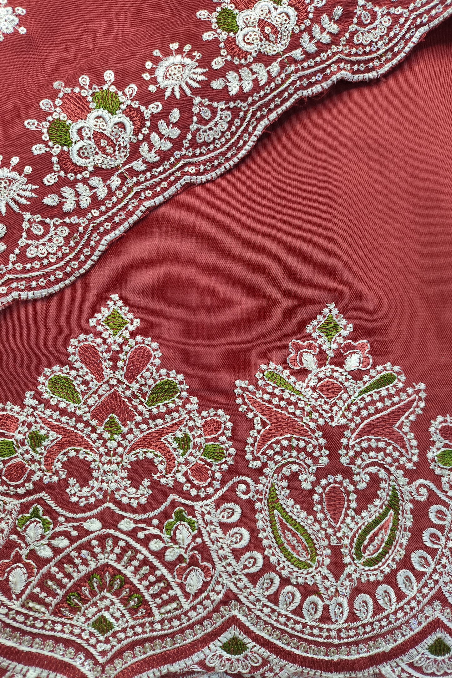 Rust Muslin Suit with Ivory Thread Work