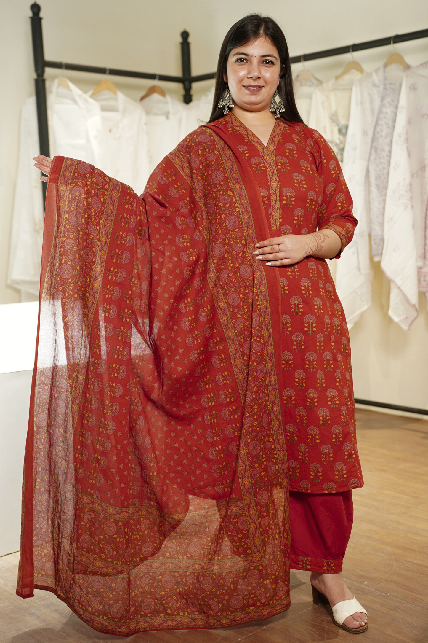 Saffron Red Block Printed Cotton Afghani Suit