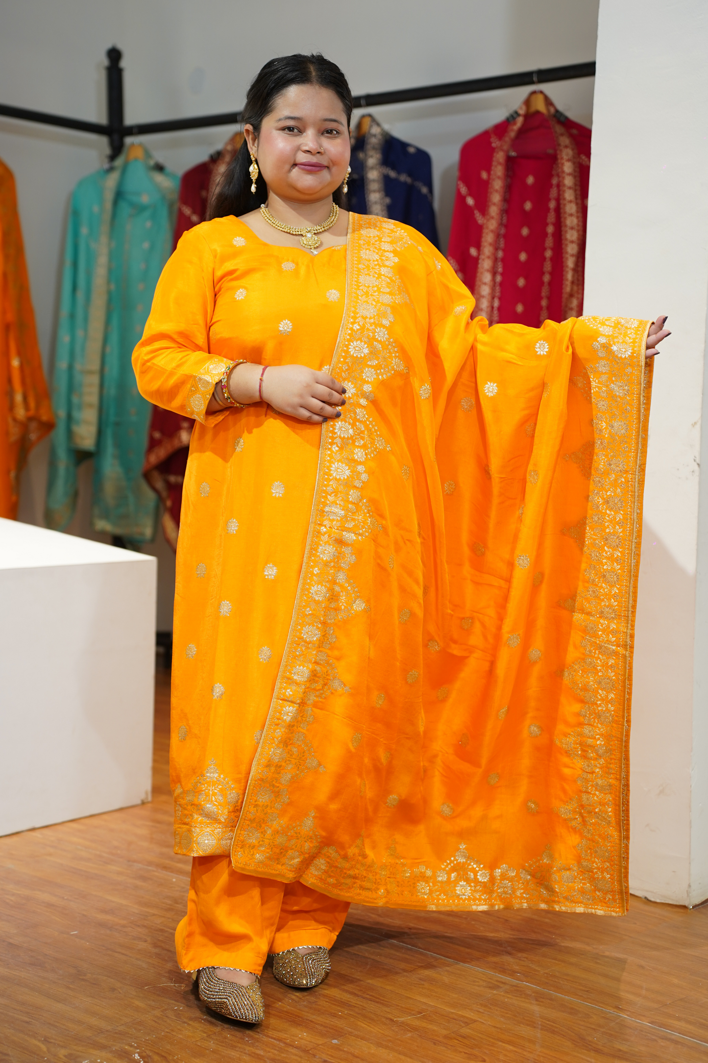 Suvarna Mustard Jacquard Silk Suit