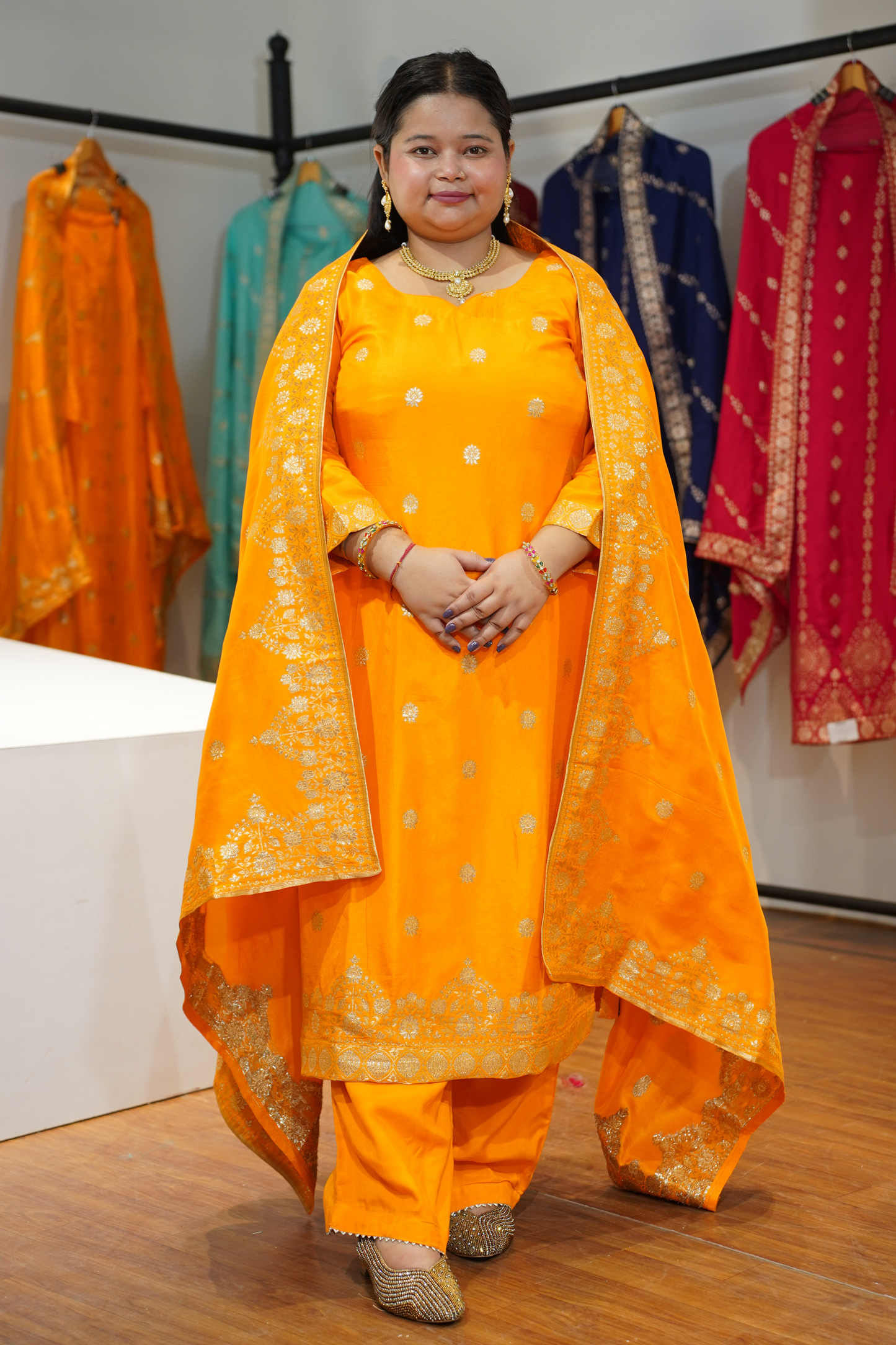 Suvarna Mustard Jacquard Silk Suit