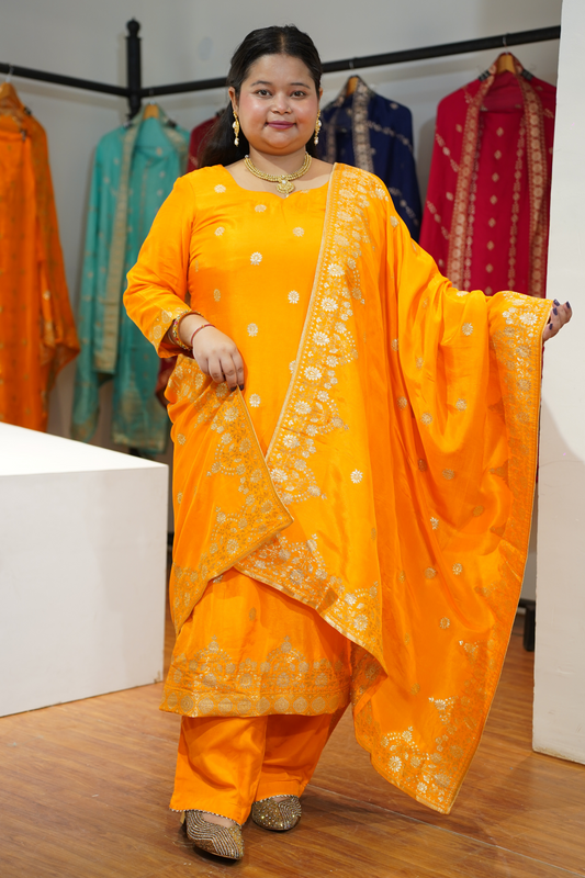 Suvarna Mustard Jacquard Silk Suit