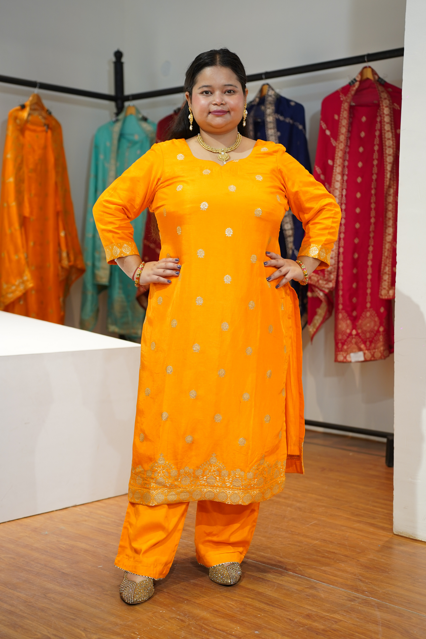 Suvarna Mustard Jacquard Silk Suit