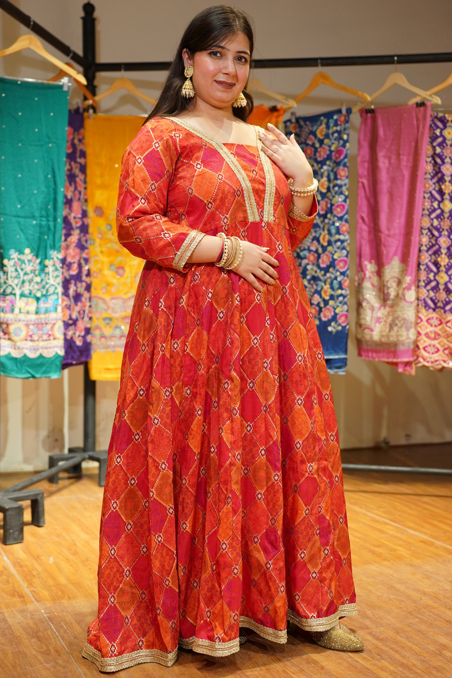 Tarini Orange Silk Dress with Jacquard Weave