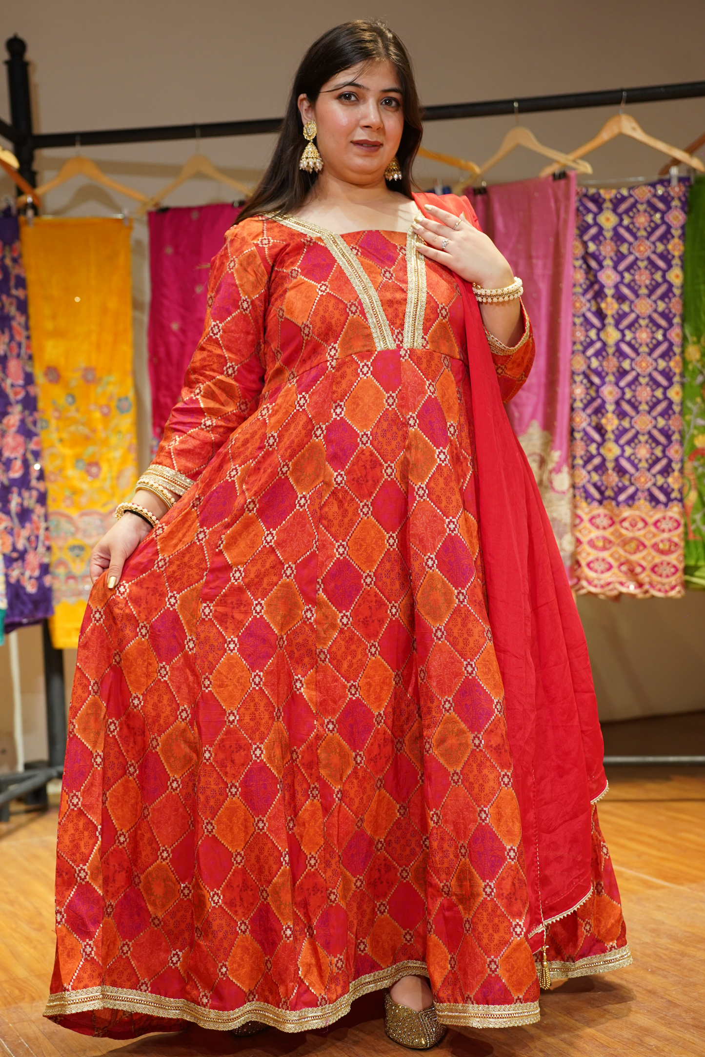 Tarini Orange Silk Dress with Jacquard Weave