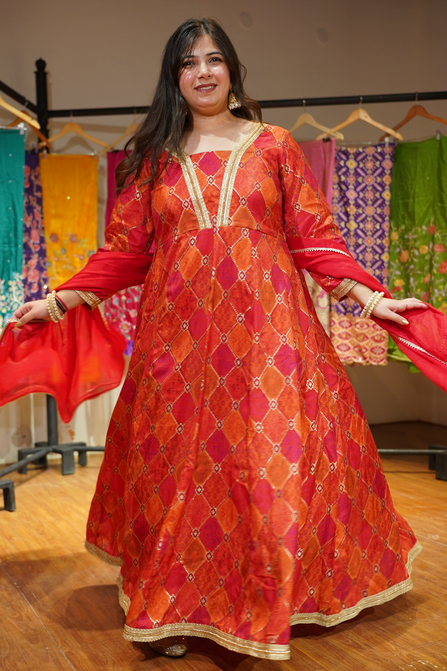 Tarini Orange Silk Dress with Jacquard Weave