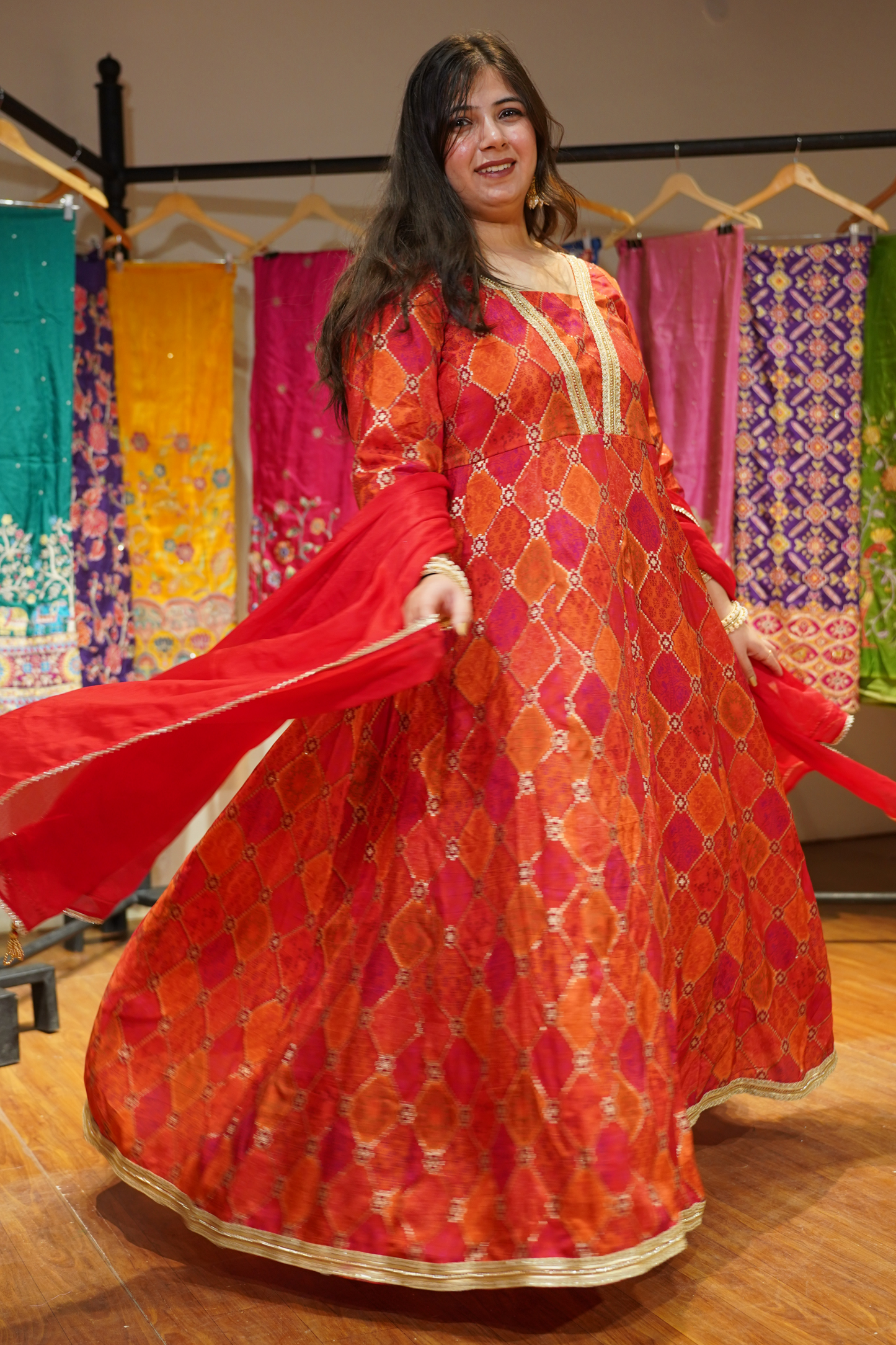 Tarini Orange Silk Dress with Jacquard Weave