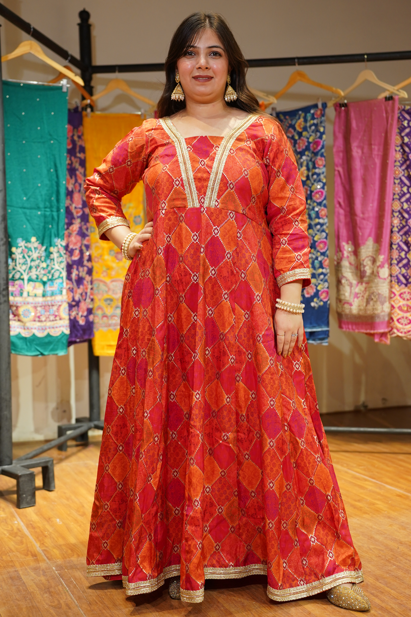 Tarini Orange Silk Dress with Jacquard Weave