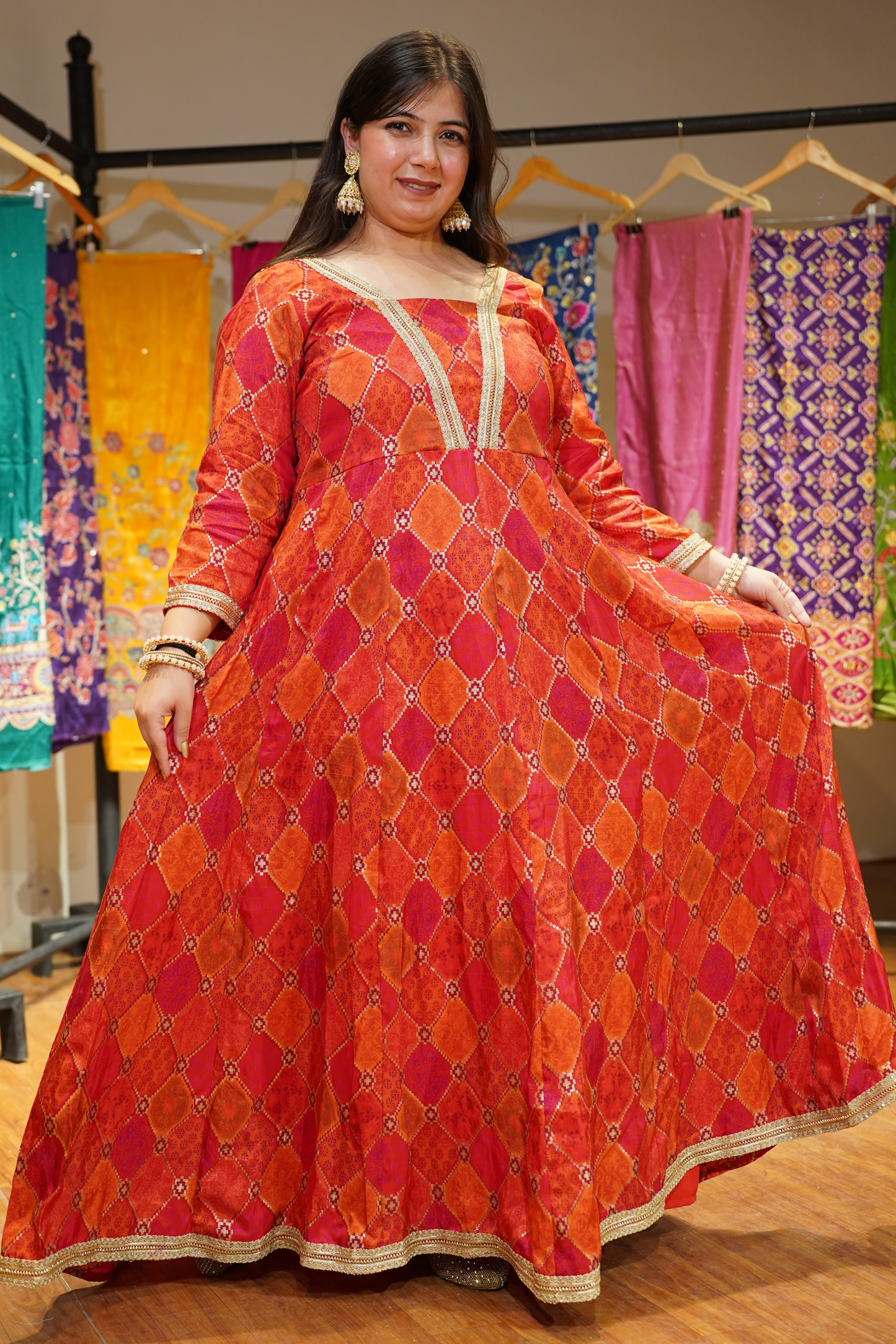 Tarini Orange Silk Dress with Jacquard Weave