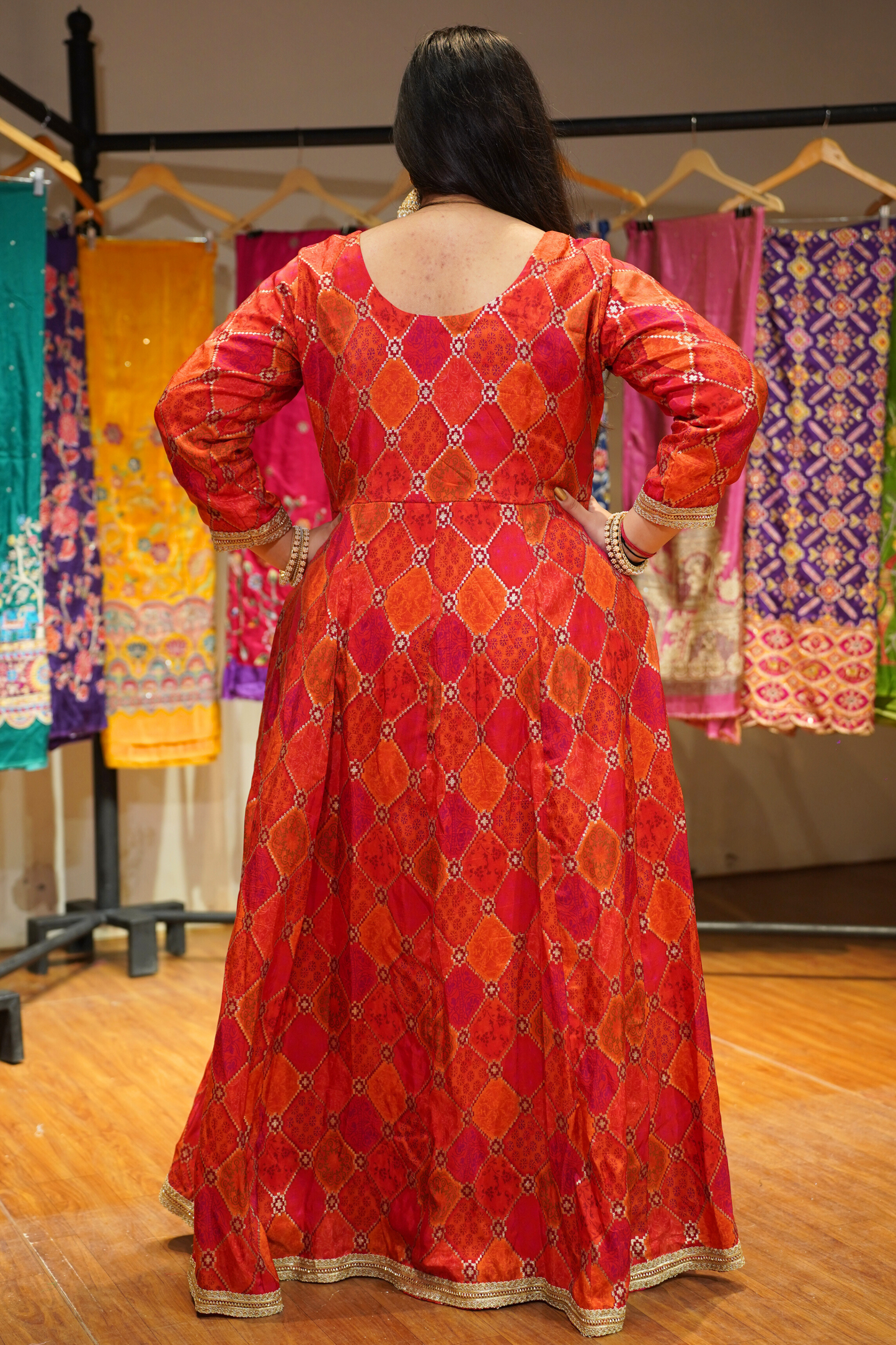 Tarini Orange Silk Dress with Jacquard Weave