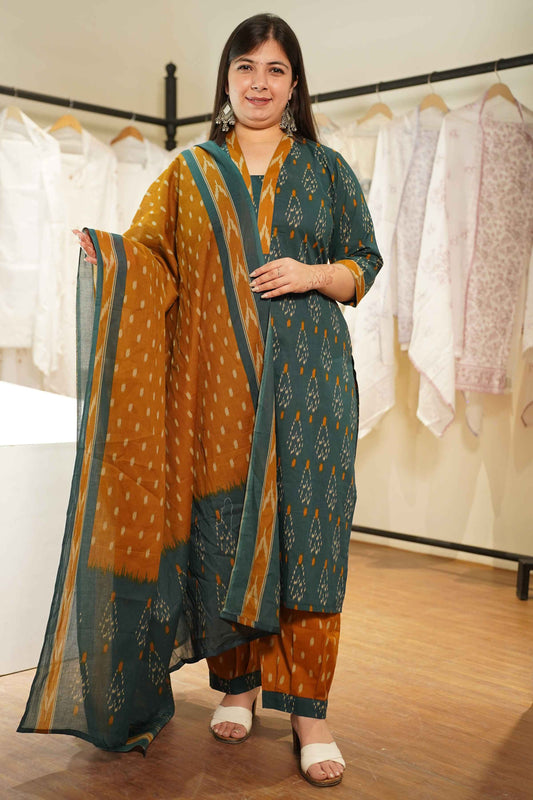 Emerald Amber Ikat Printed Cotton Afghani Suit