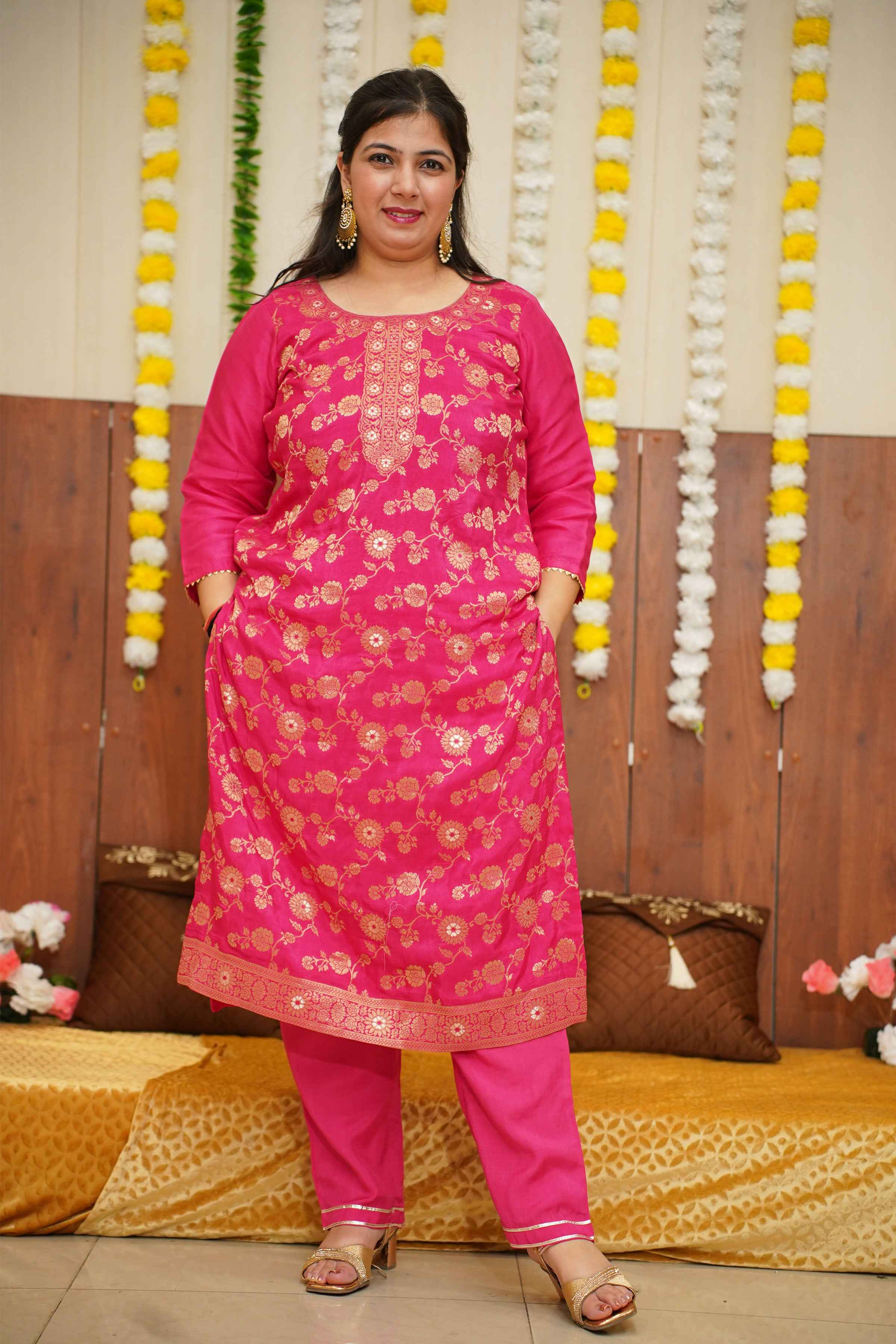 Plus Size Cream Printed Silk Blend Suit Set