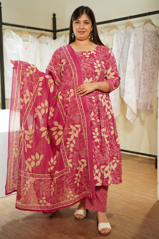 Tropical Pink Bagh Printed Cotton Kalidar Set