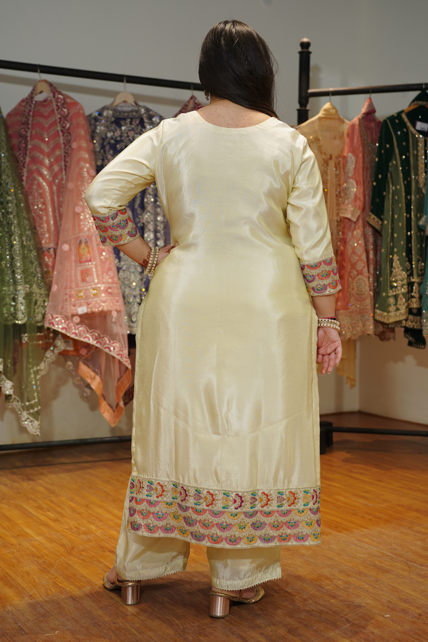 Vahini Ivory Tissue Shimmer Suit with Zari Embroidery