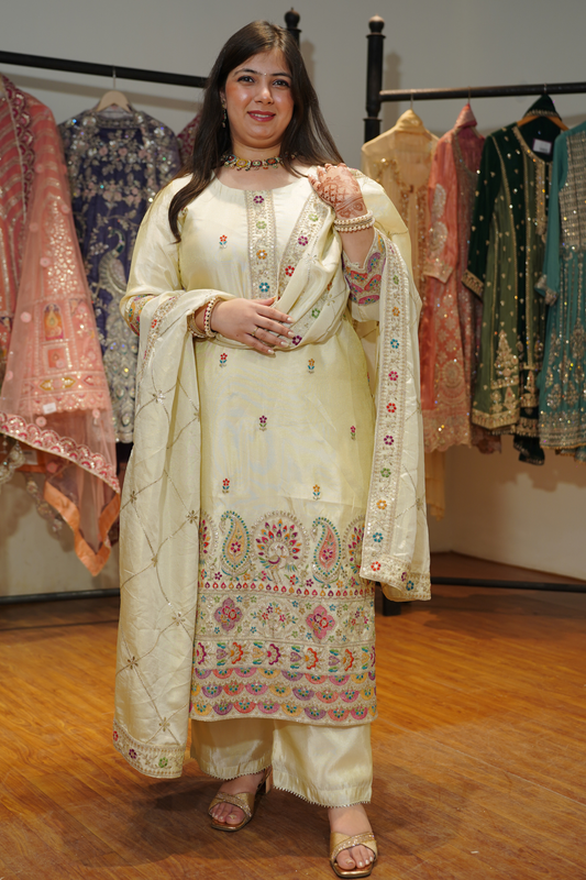 Vahini Ivory Tissue Shimmer Suit with Zari Embroidery