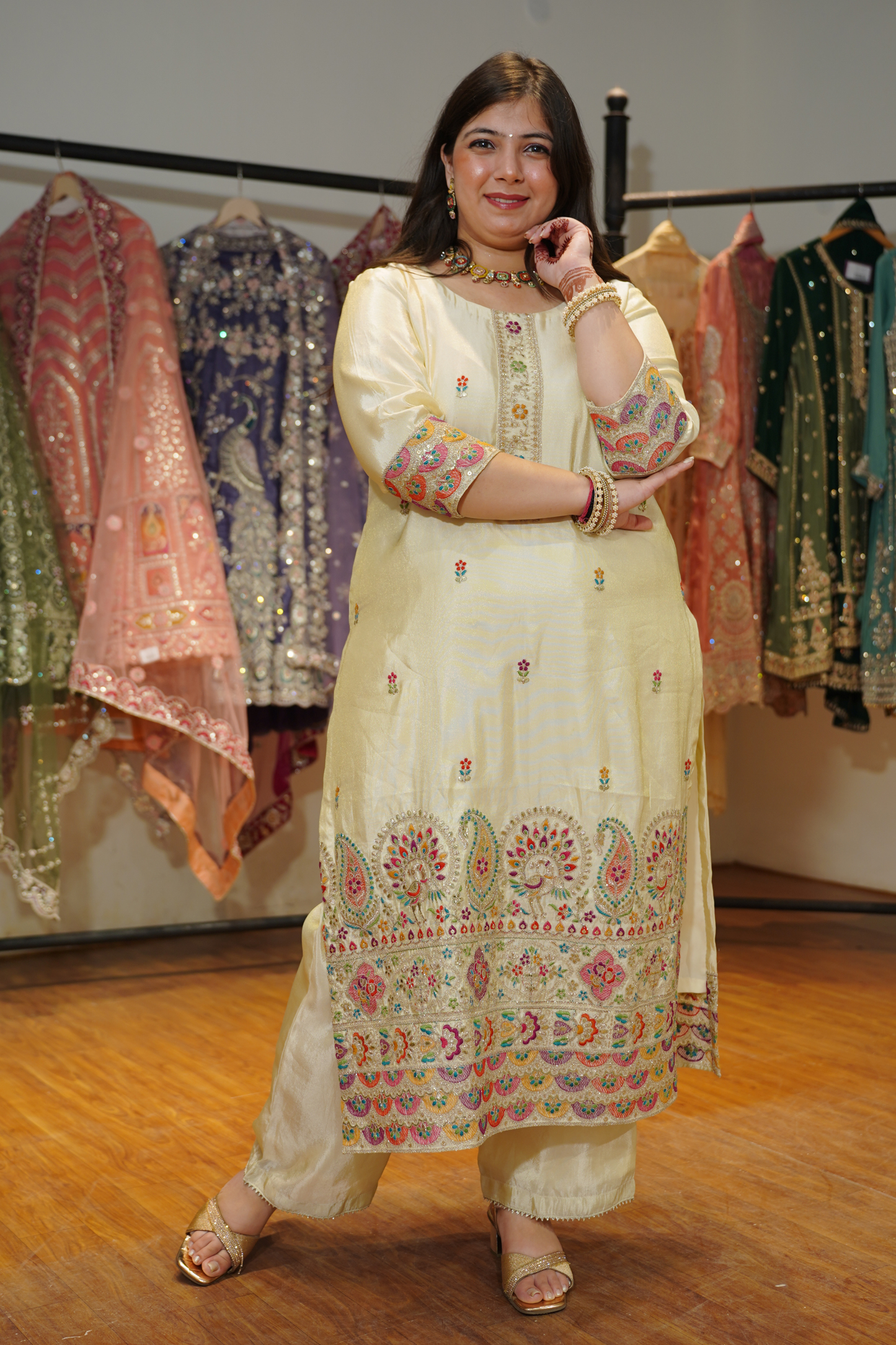 Vahini Ivory Tissue Shimmer Suit with Zari Embroidery