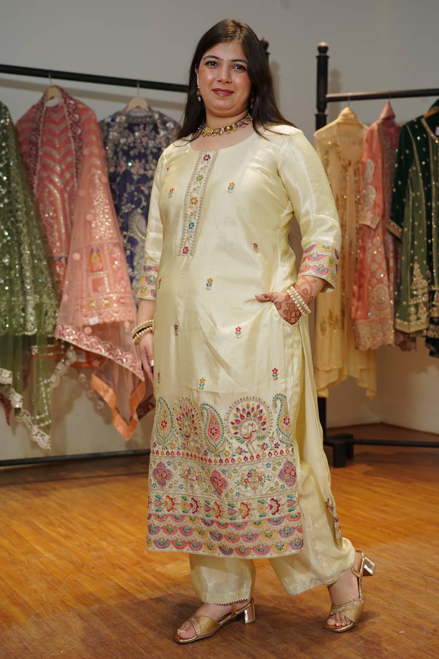 Vahini Ivory Tissue Shimmer Suit with Zari Embroidery