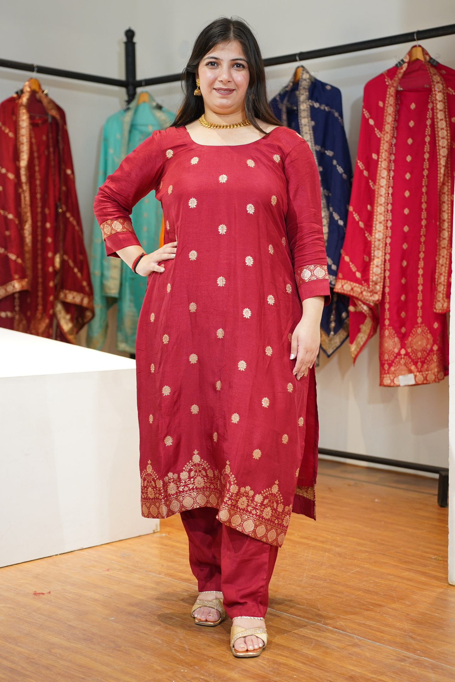Vamika Maroon Jacquard Silk Suit