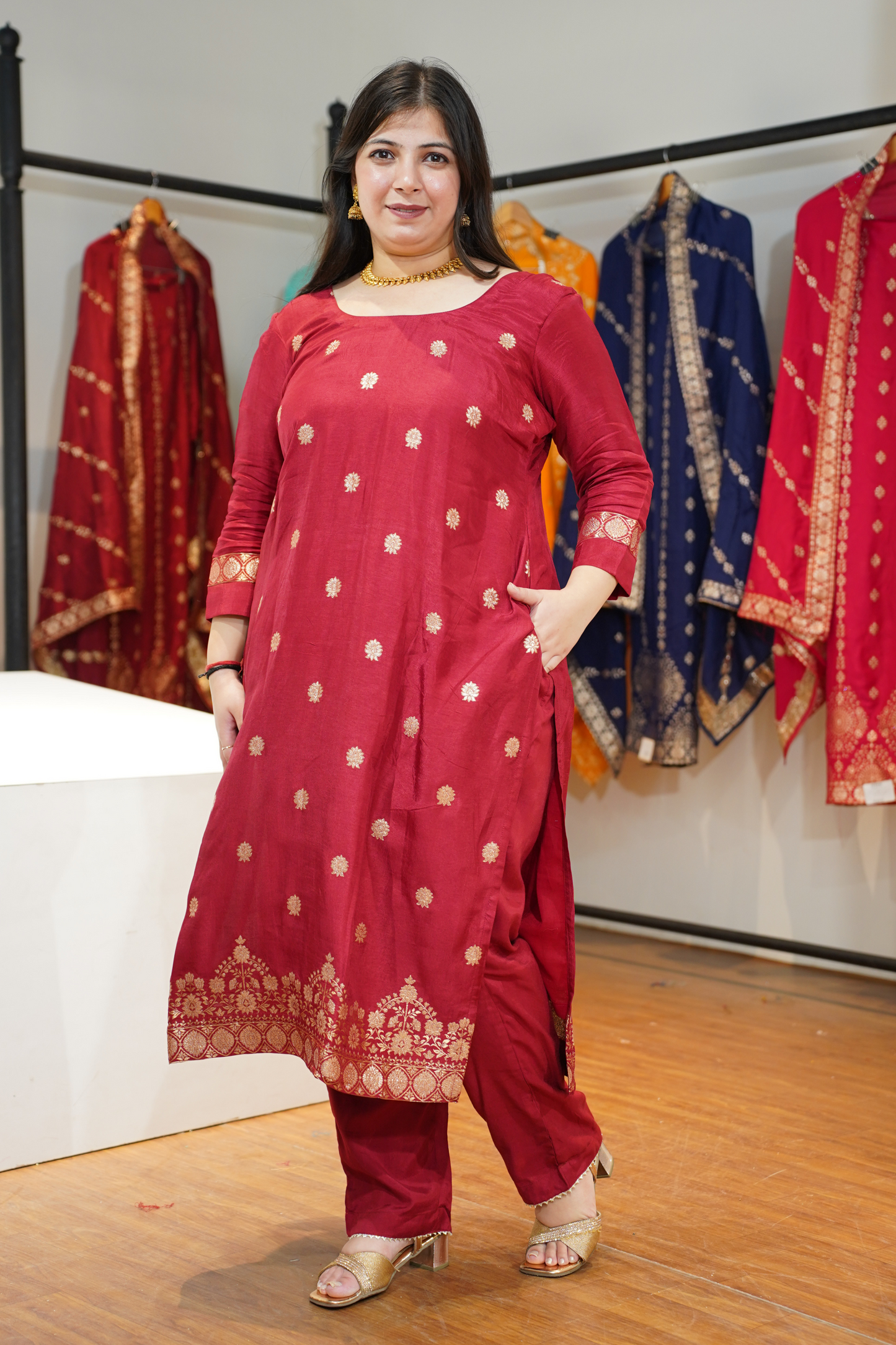 Vamika Maroon Jacquard Silk Suit