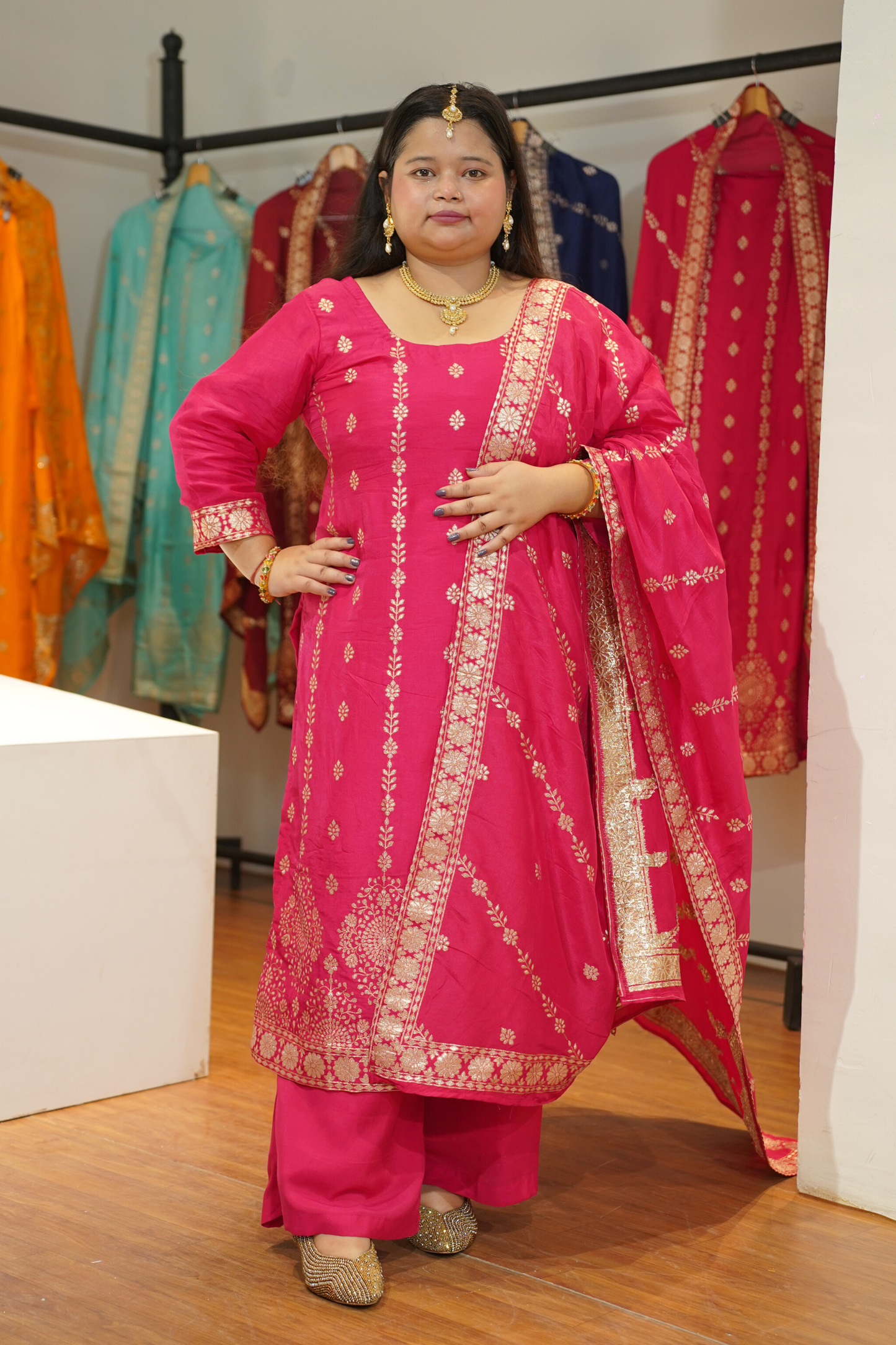 Varnika Pink Jacquard Silk Suit