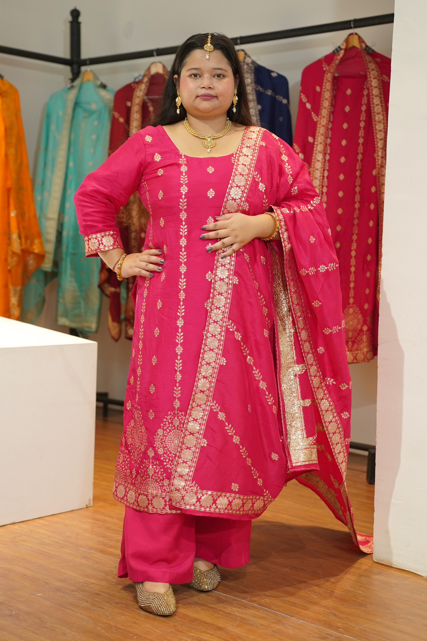Varnika Pink Jacquard Silk Suit