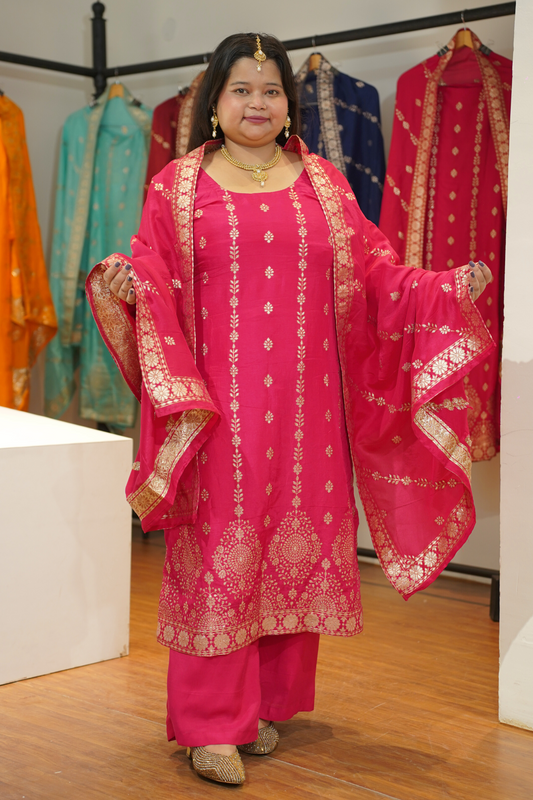 Varnika Pink Jacquard Silk Suit