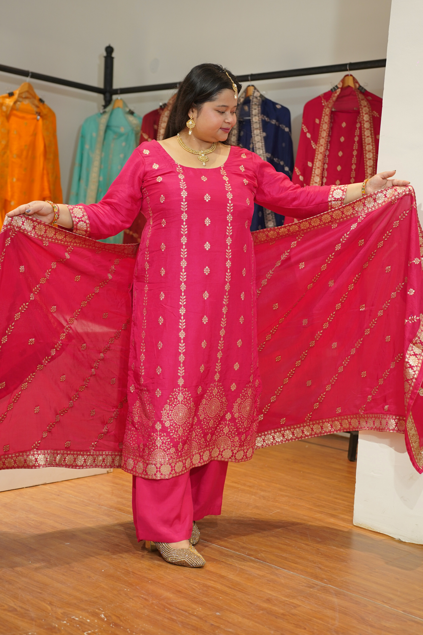 Varnika Pink Jacquard Silk Suit