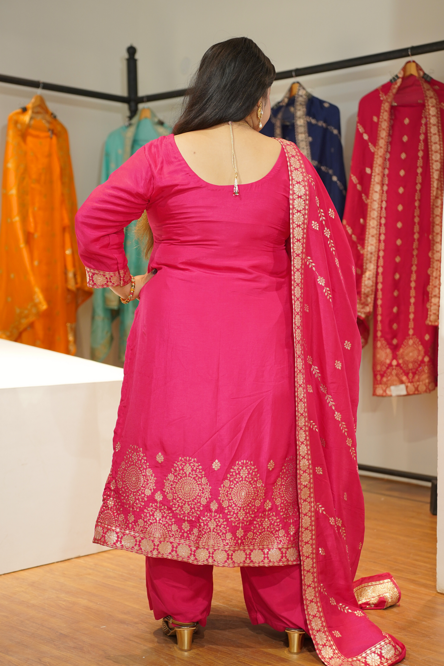 Varnika Pink Jacquard Silk Suit