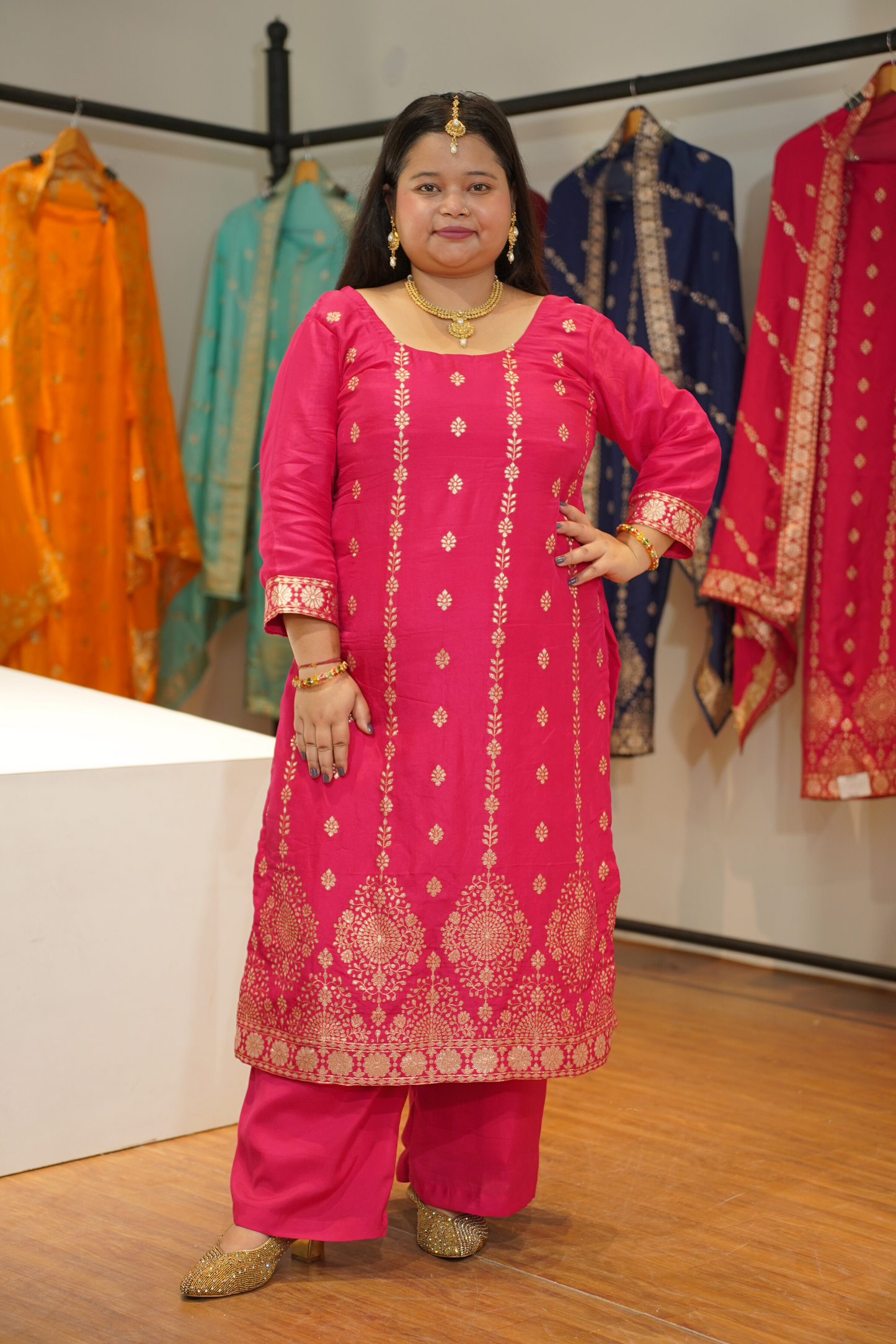Varnika Pink Jacquard Silk Suit