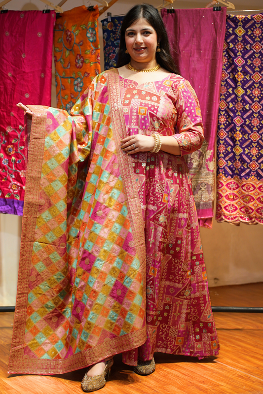 Vasudha Rose Silk Dress with Jacquard Weave
