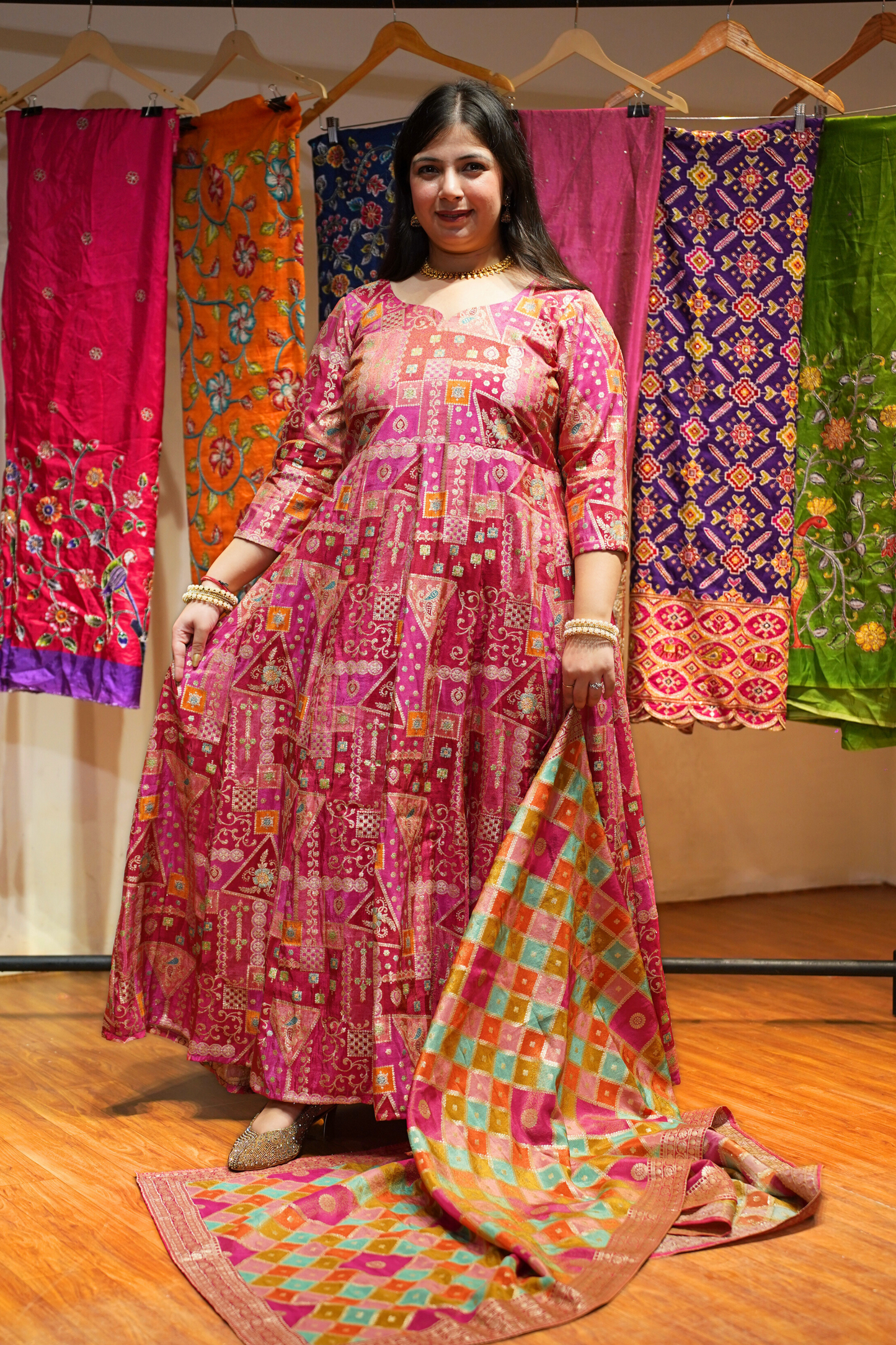 Vasudha Rose Silk Dress with Jacquard Weave