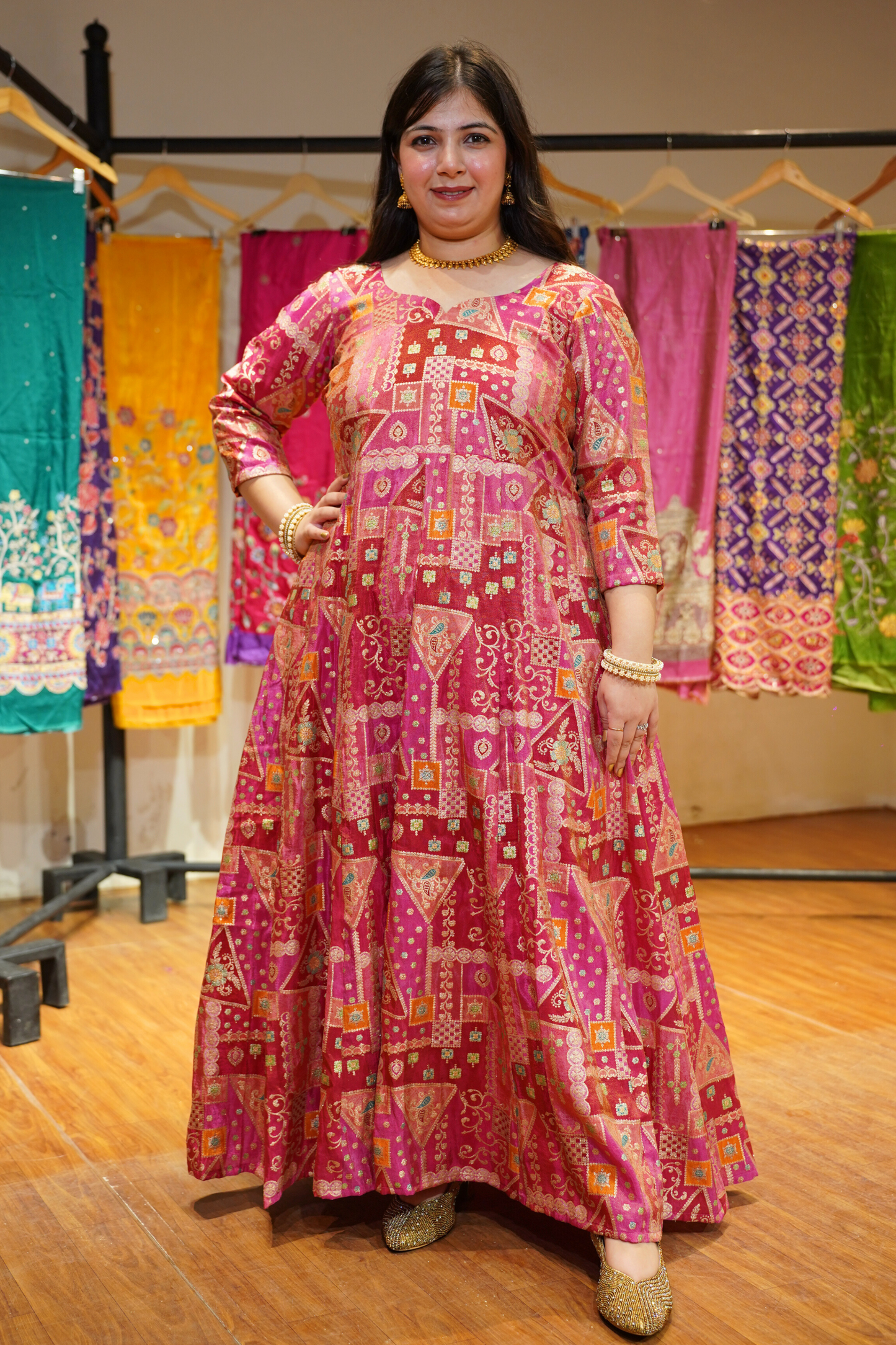 Vasudha Rose Silk Dress with Jacquard Weave