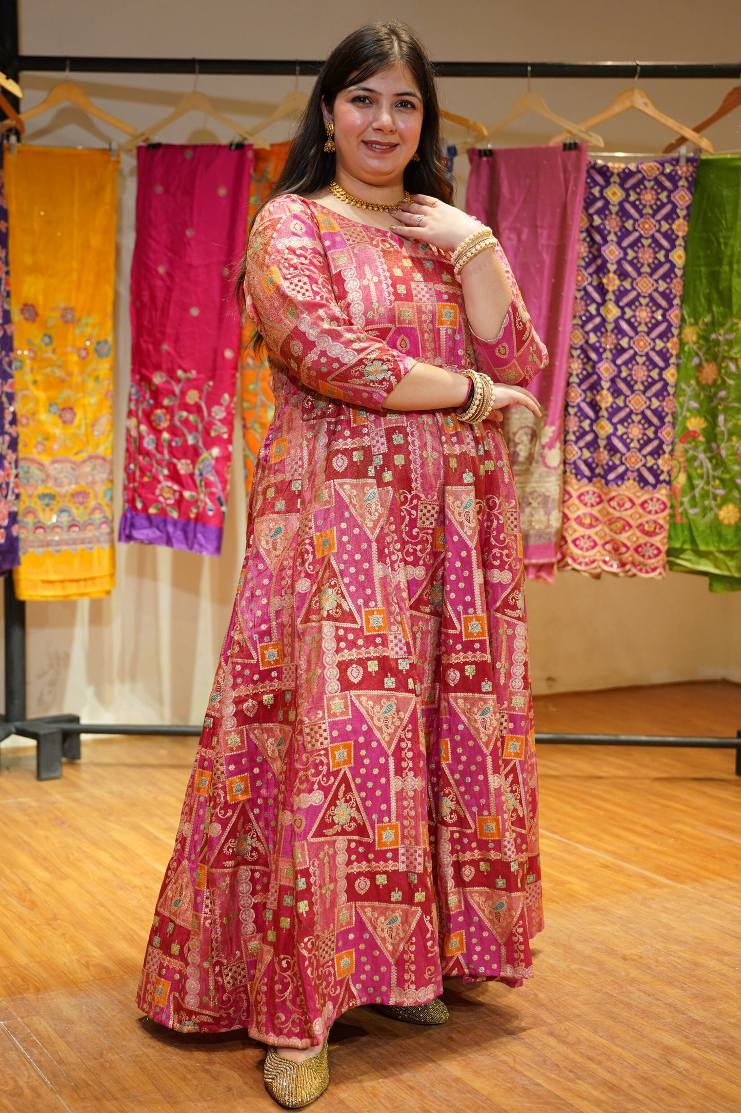 Vasudha Rose Silk Dress with Jacquard Weave
