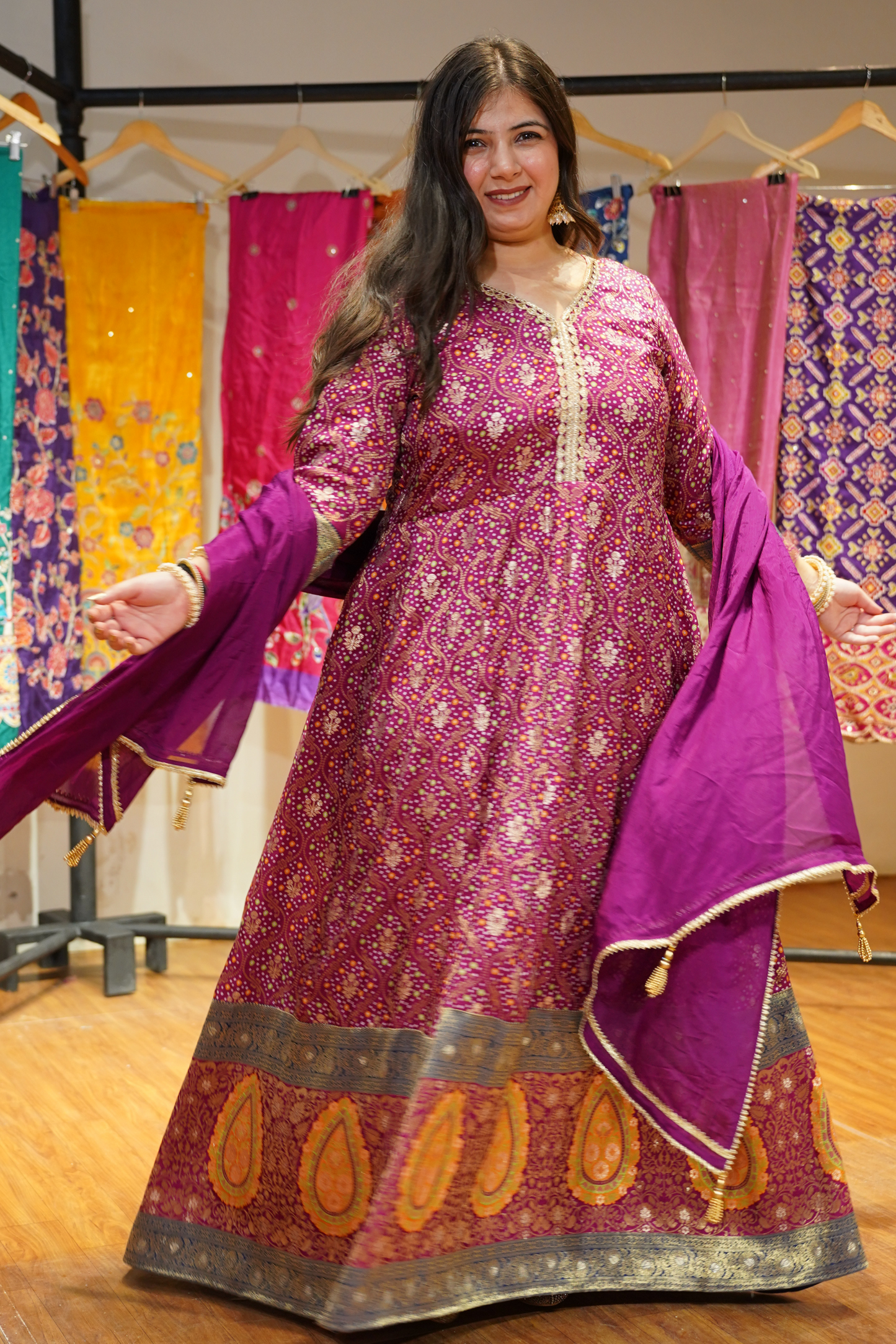 Vedika Wine Silk Dress with Jacquard Weave