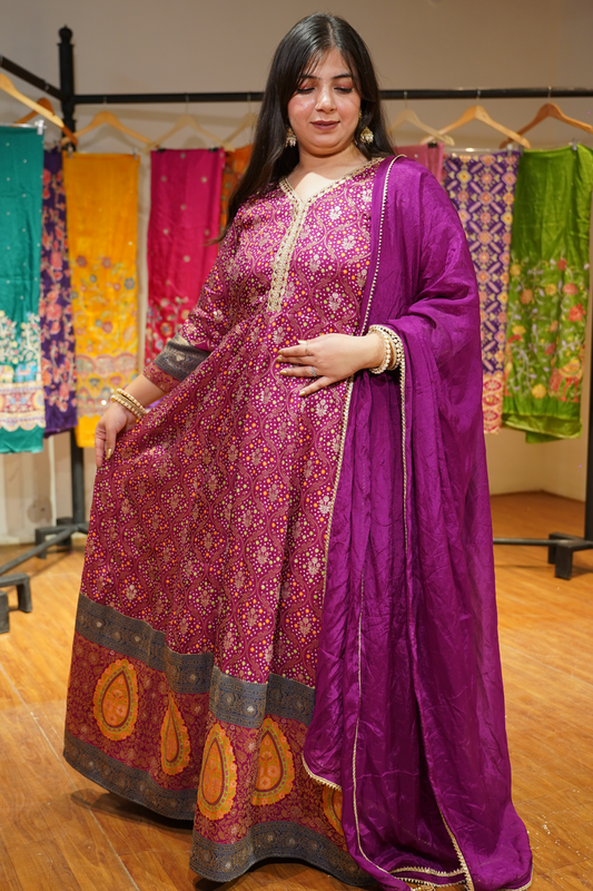 Vedika Wine Silk Dress with Jacquard Weave