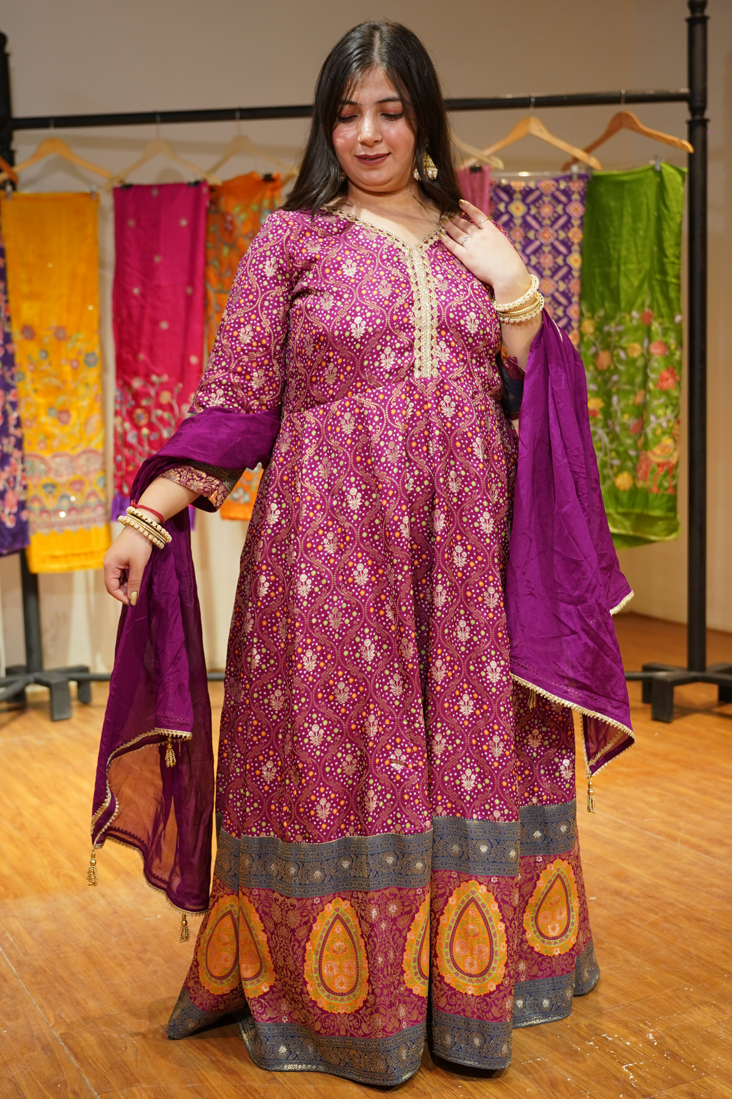 Vedika Wine Silk Dress with Jacquard Weave