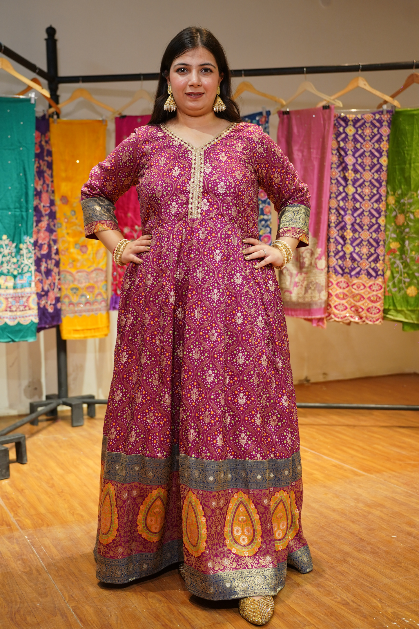 Vedika Wine Silk Dress with Jacquard Weave