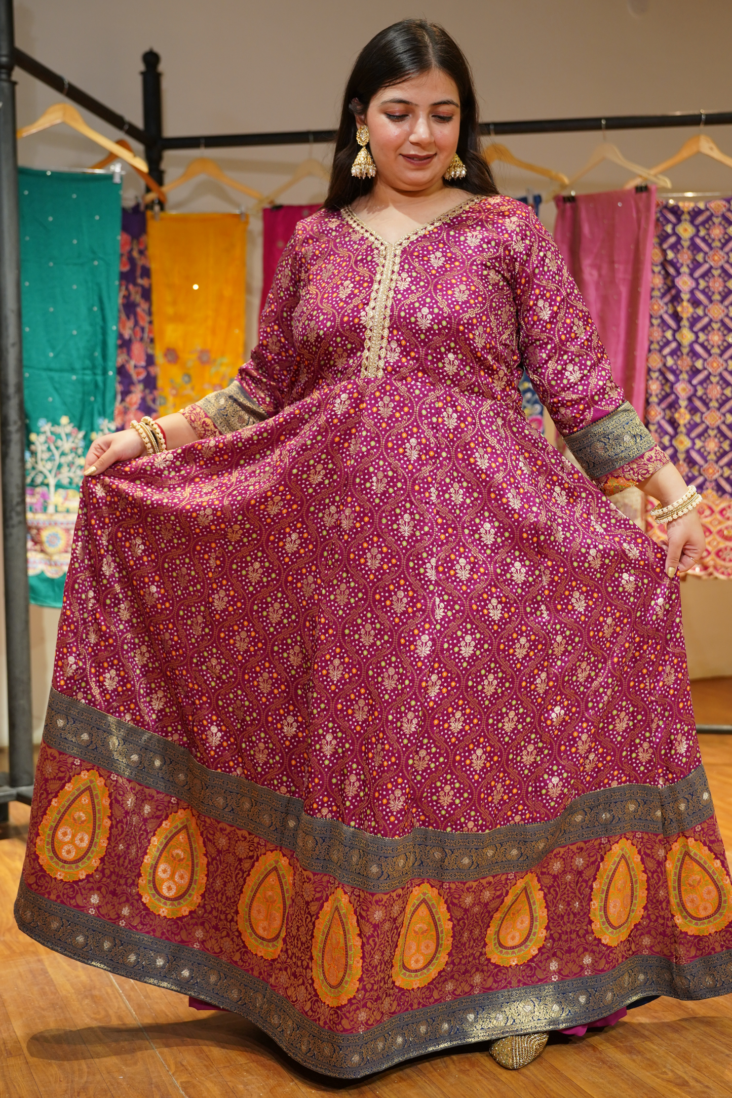 Vedika Wine Silk Dress with Jacquard Weave