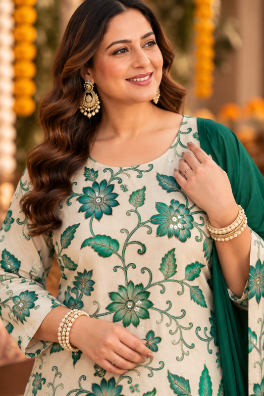 Vidhika Silk Suit Set with Floral Motifs