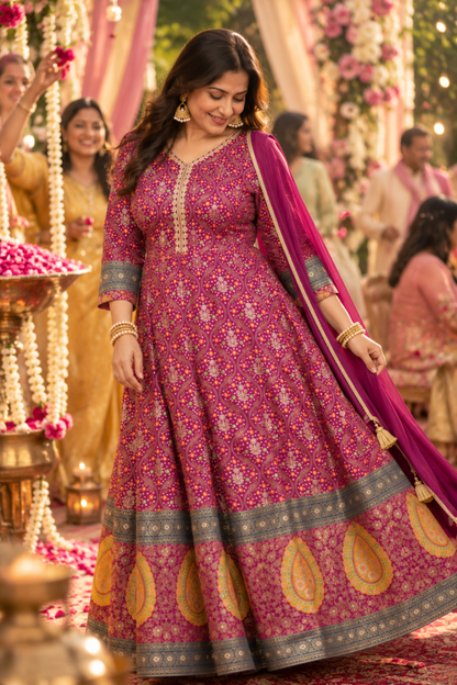 Vedika Wine Silk Dress with Jacquard Weave