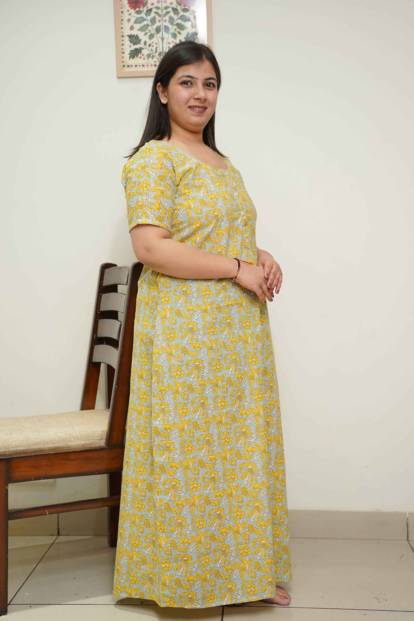 Yellow Floral Cotton Night Gown