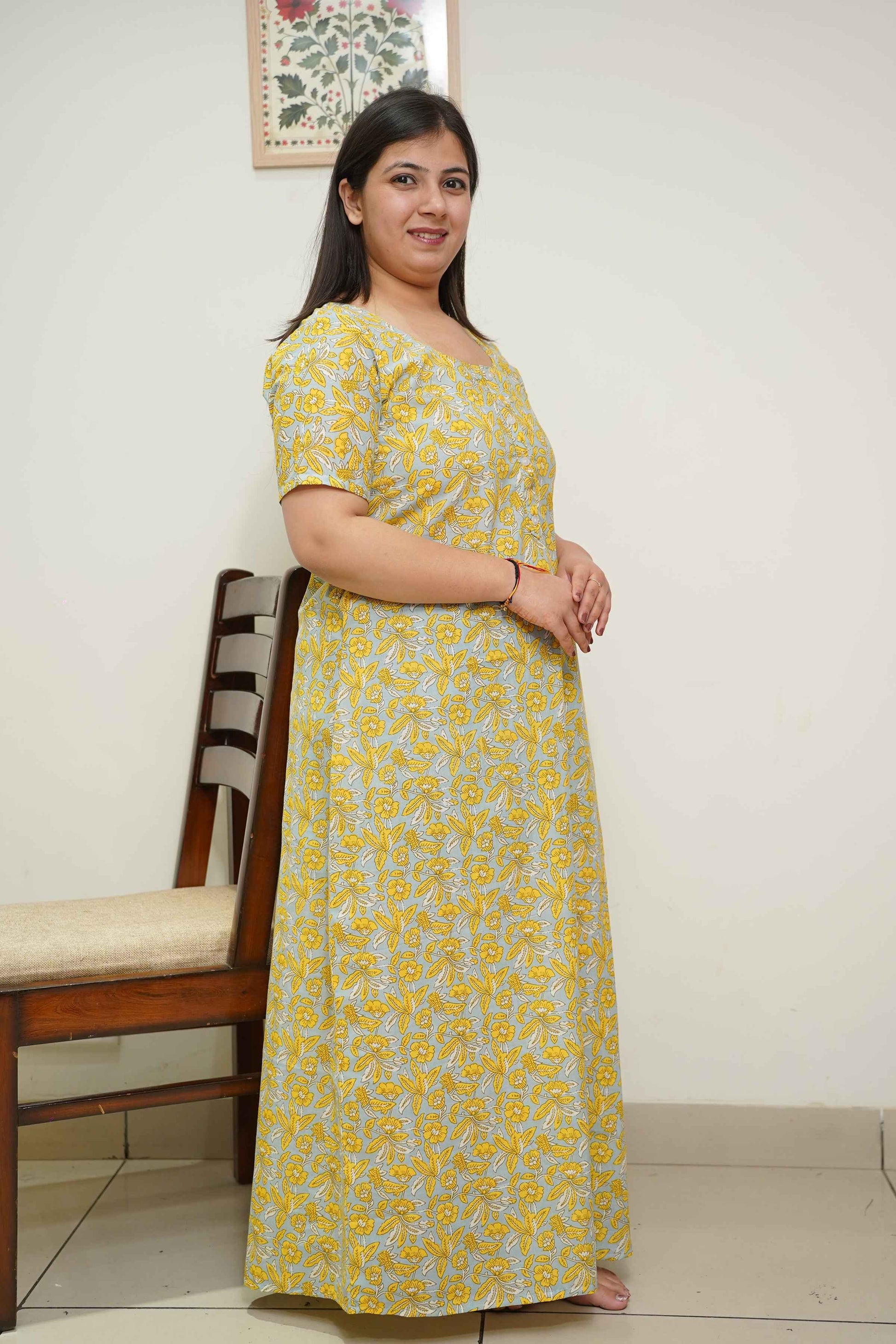 Yellow Floral Cotton Night Gown
