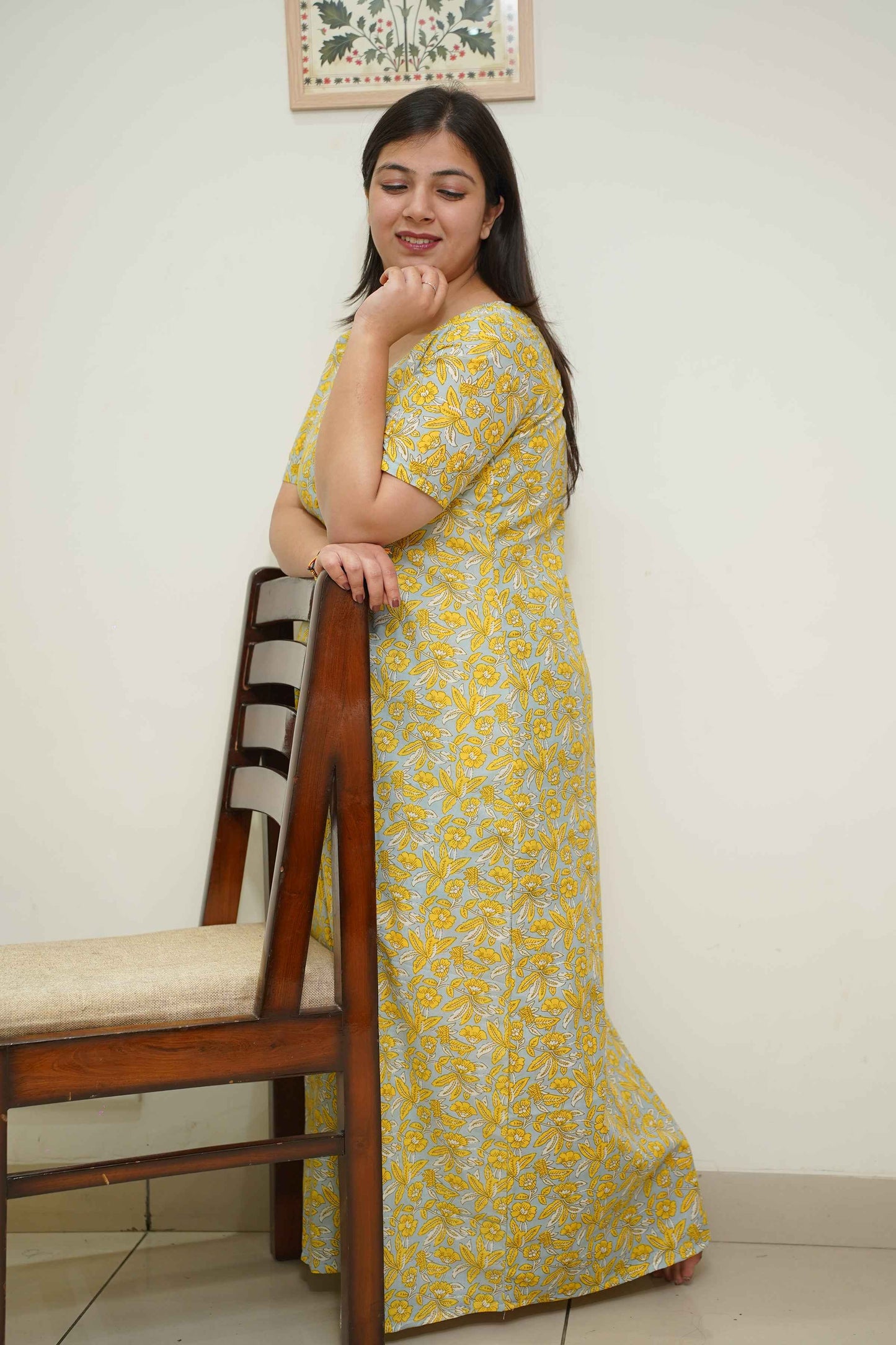 Yellow Floral Cotton Night Gown