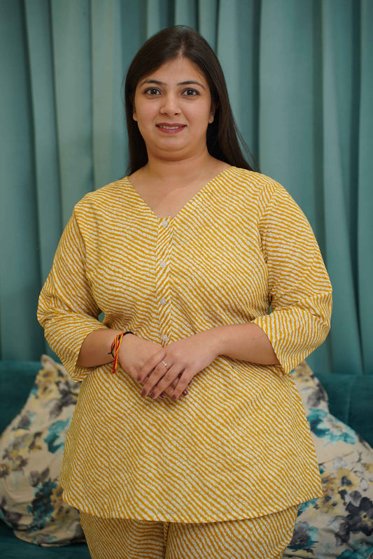 Yellow Lehriya Cotton Night Suit